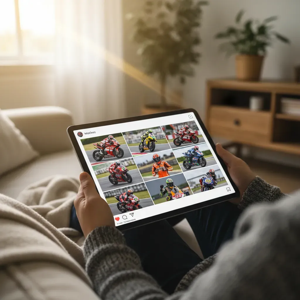 A cosy, bright living room scene on a Sunday morning. A person is relaxing on a sofa, holding a tablet horizontally. The