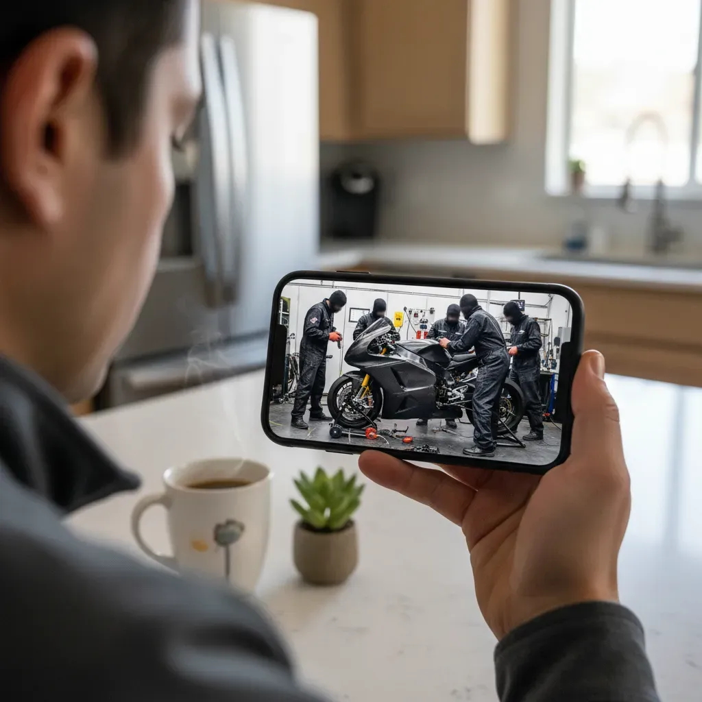 A close-up shot over a person's shoulder, looking at a smartphone screen. The screen is playing a behind-the-scenes team