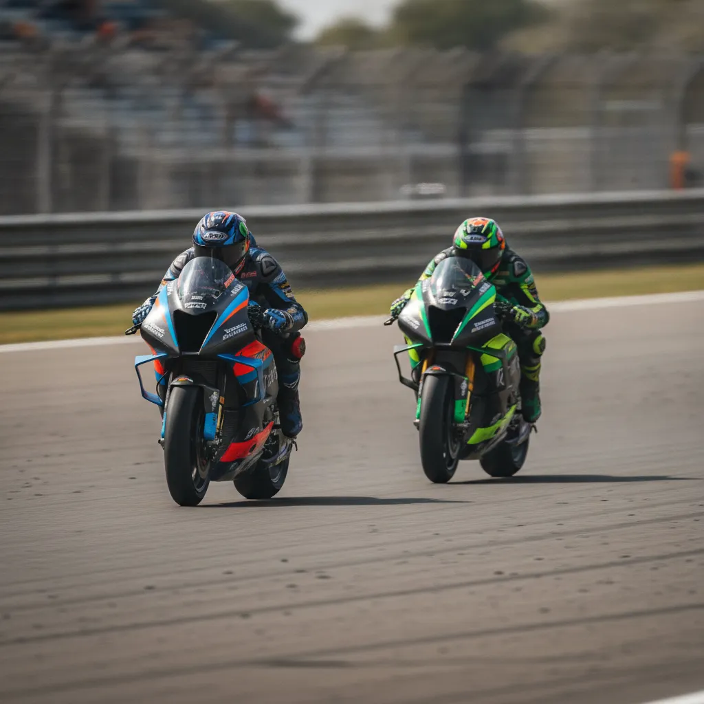 A MotoGP rider gets on the power early out of a corner to perform a 'cutback' overtake on the following straight.