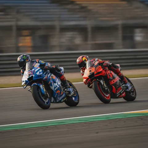 A MotoGP rider performs an aggressive out-braking manoeuvre, diving up the inside of a rival into a tight corner.