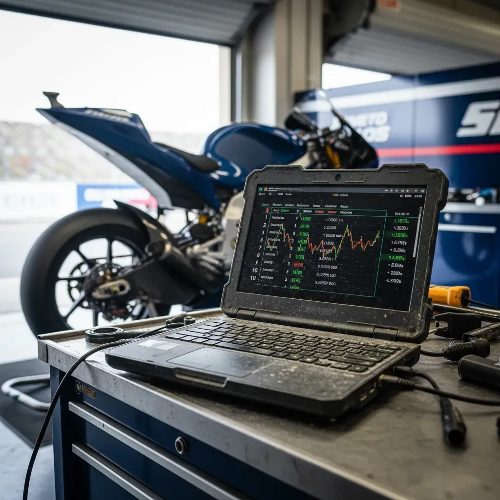 A close-up shot focusing on a rugged laptop resting on a workbench inside a brightly lit MotoGP garage. The screen clear