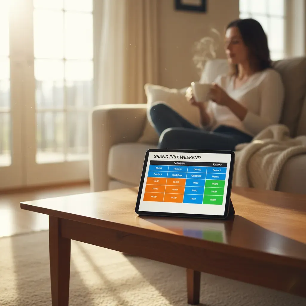 A cosy, bright living room on a Saturday morning. A tablet sits on a wooden coffee table, its screen displaying a colour