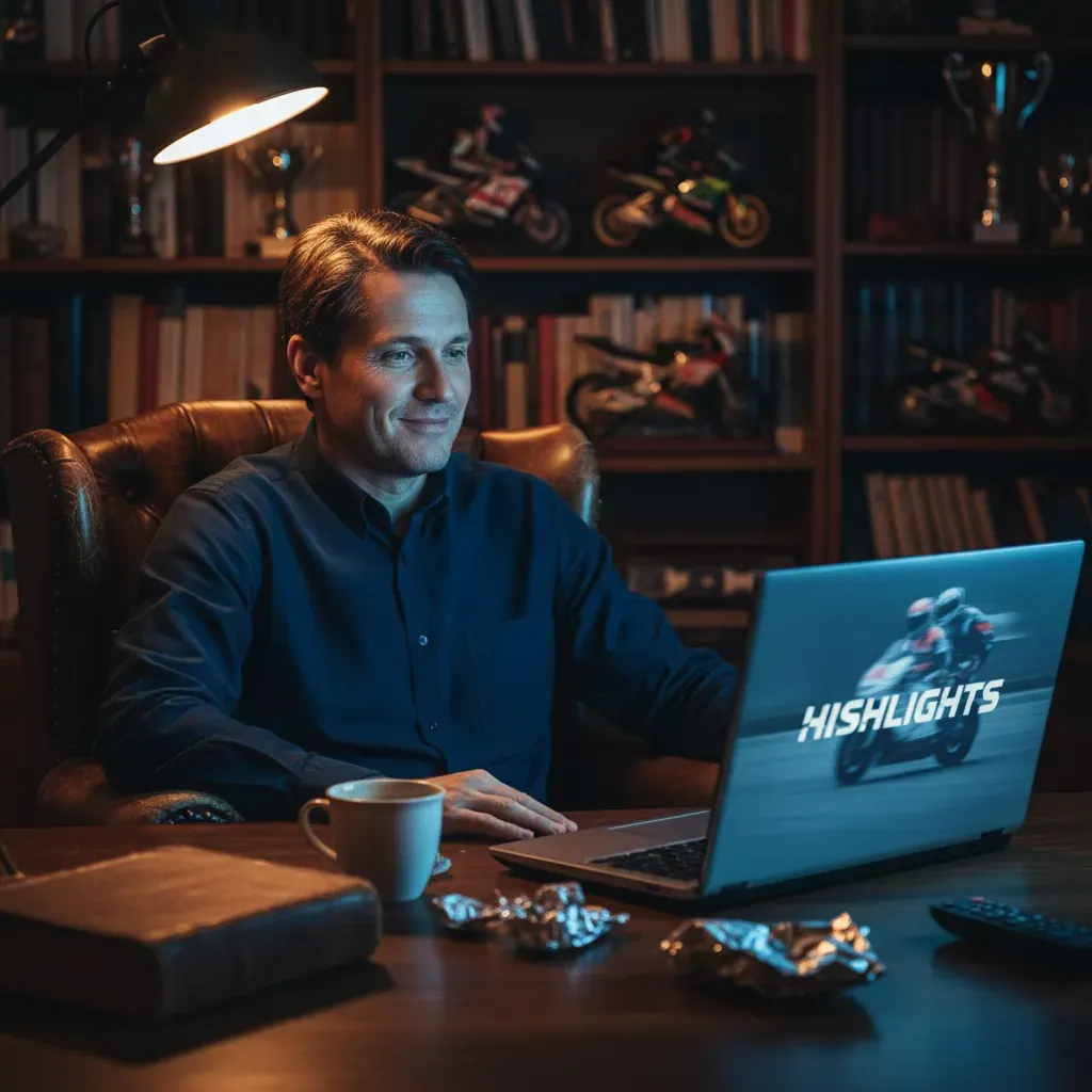 An atmospheric evening shot. A single person sits in a dimly lit study, their face illuminated by the glow of a laptop s
