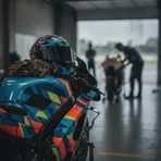 A racing helmet and gloves sit on a Gresini Racing MotoGP bike in the pit garage, ready for a new rider.