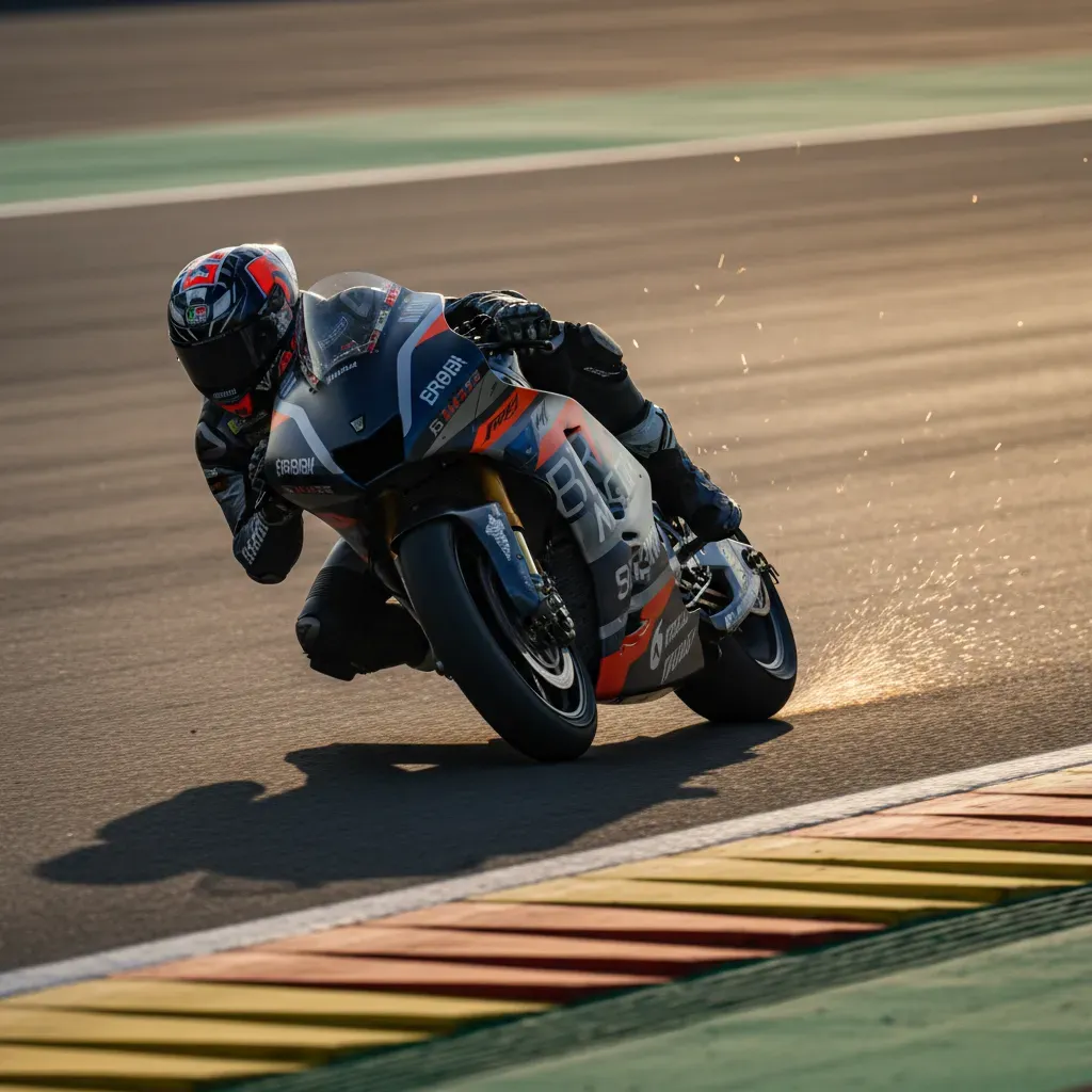 A low-angle shot from the inside of a fast corner shows a MotoGP rider on a prototype bike, leaning at an impossible ang