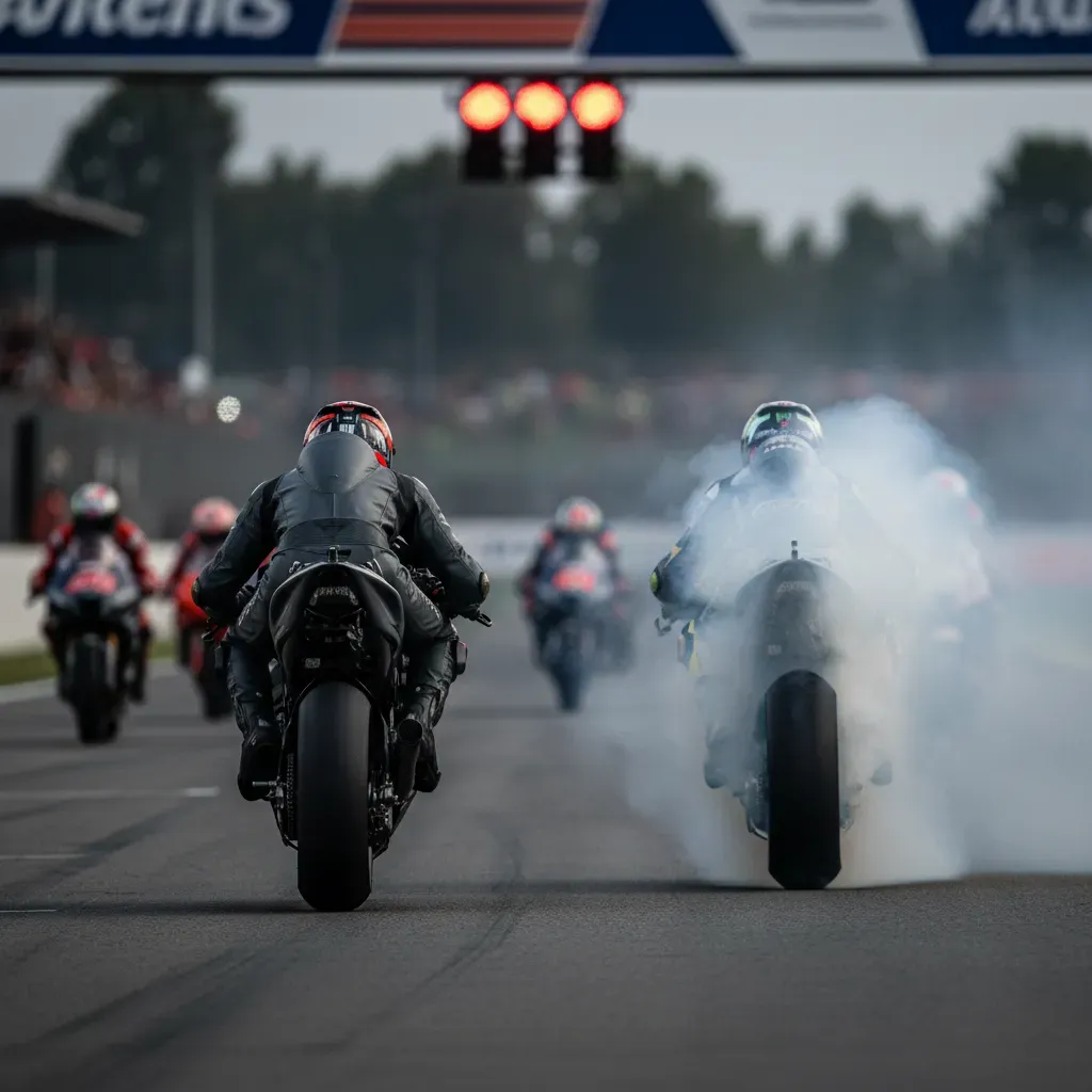 A dramatic shot from behind the starting grid. The red lights are out, and one bike, in plain dark livery, has launched