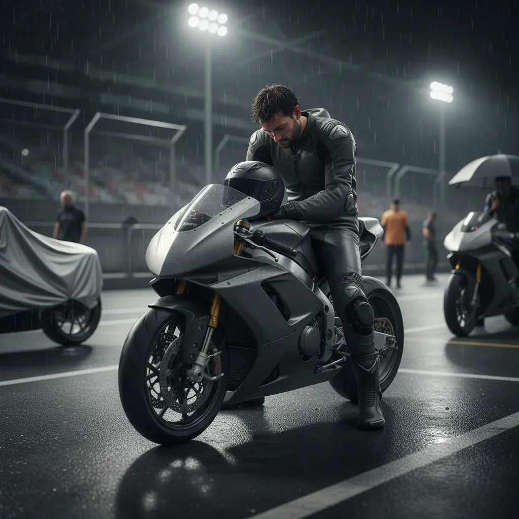A rider in plain, dark leathers sits on his bike in parc fermé after a race, helmet off, head bowed. Rain is starting to