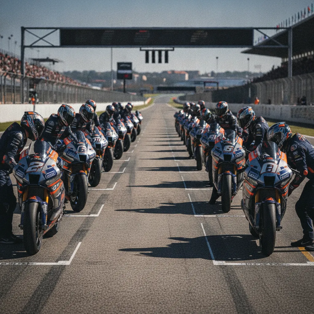 The MotoGP starting grid at the Brno circuit, with bikes and teams preparing for the start of the race.