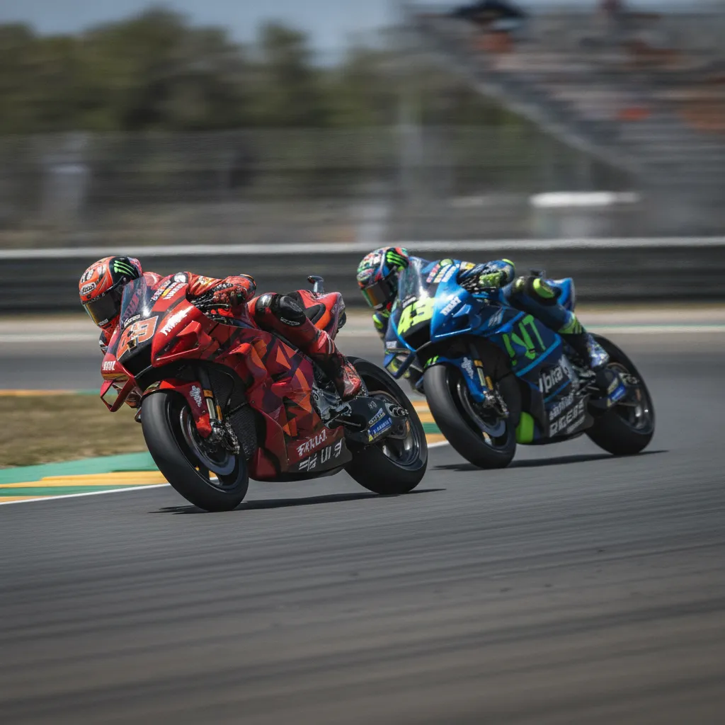 Two MotoGP motorcycles leaning low as they battle for position through a corner.
