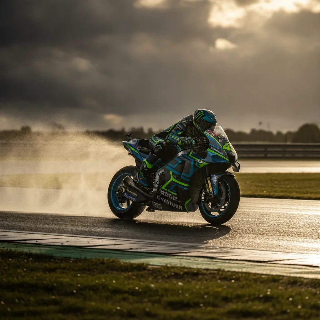 A MotoGP bike creates a plume of spray on the damp track surface during qualifying at the Sachsenring.