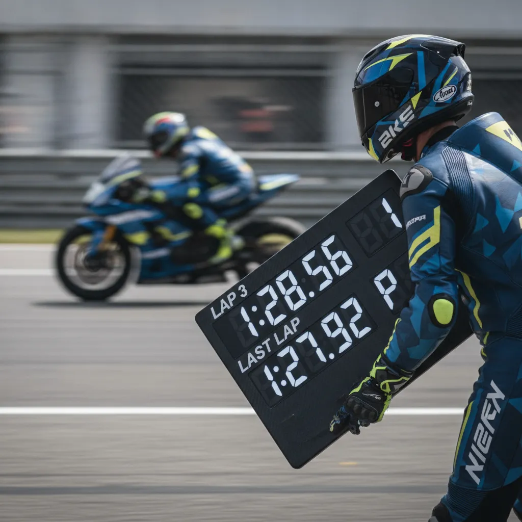 A close-up view of the complex dashboard and controls on the handlebars of a MotoGP machine in the pit lane.