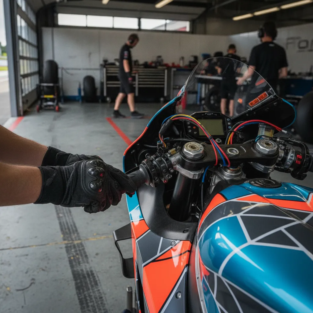 A close-up of a mechanic's hands working on the intricate handlebars of a MotoGP bike in the garage.