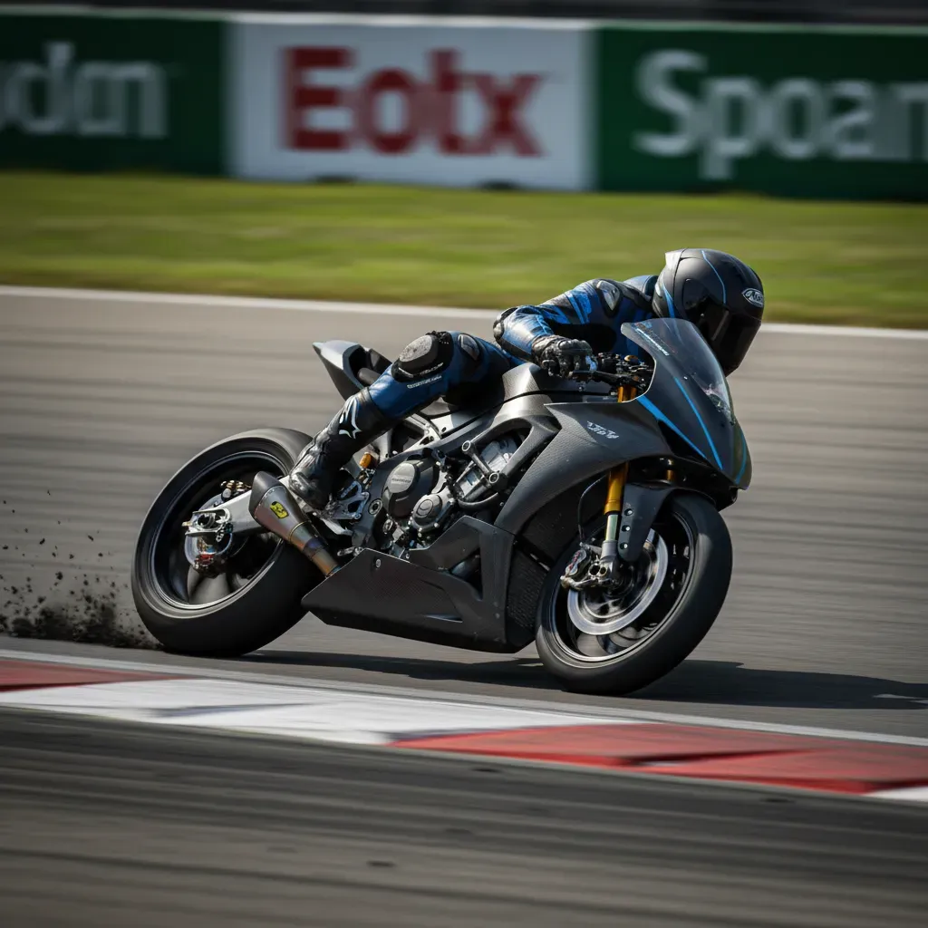 A tight, action-focused shot of an anonymous rider on a prototype race bike, leaned over at an extreme angle in a chican