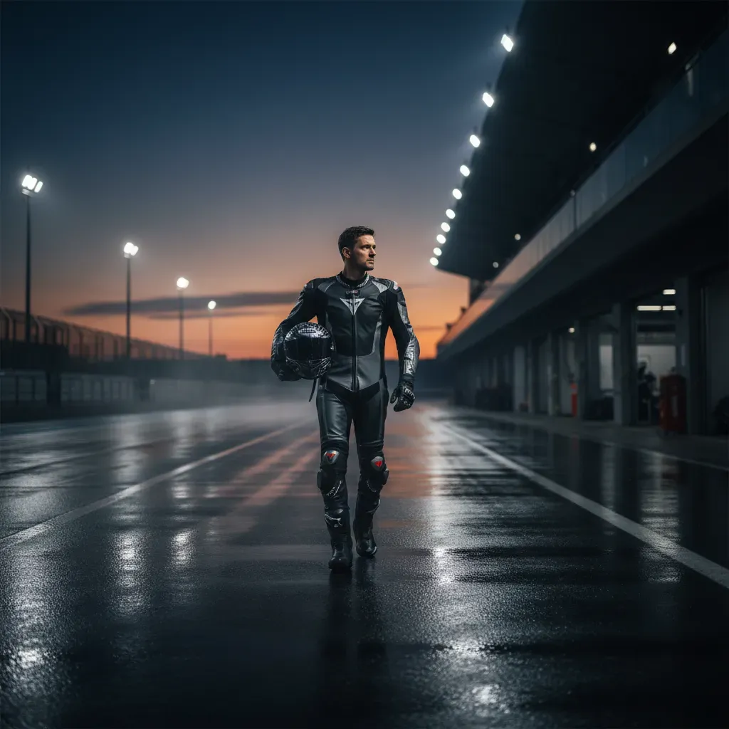 An atmospheric, wide shot of a lone rider walking down the pit lane after the final session of the day. The sun has set,