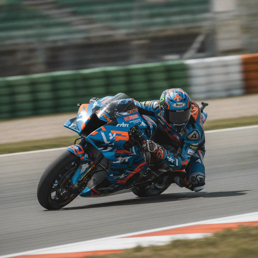 A MotoGP rider at speed, leaning his bike at a dramatic angle through a corner.