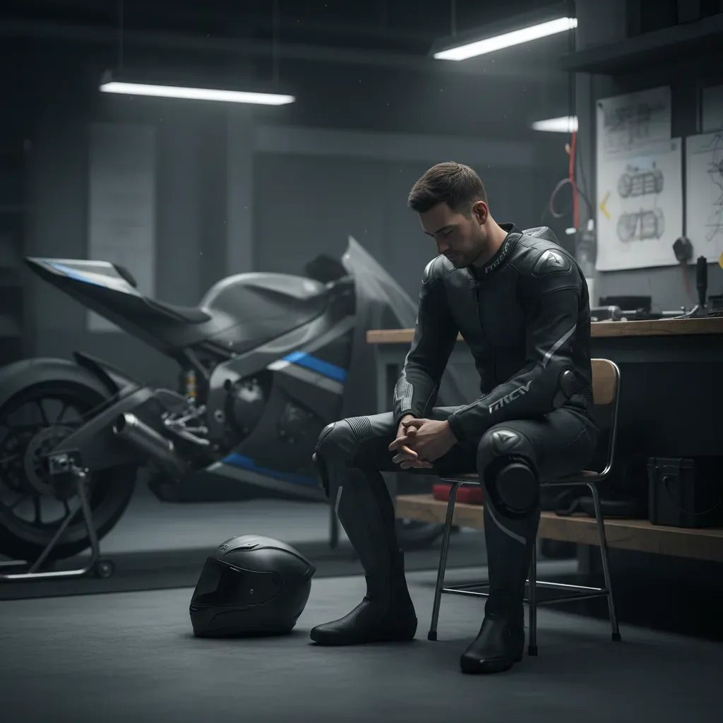 A photorealistic, quiet moment in a pit garage. A rider in unbranded leathers sits on a stool, helmet on the workbench b