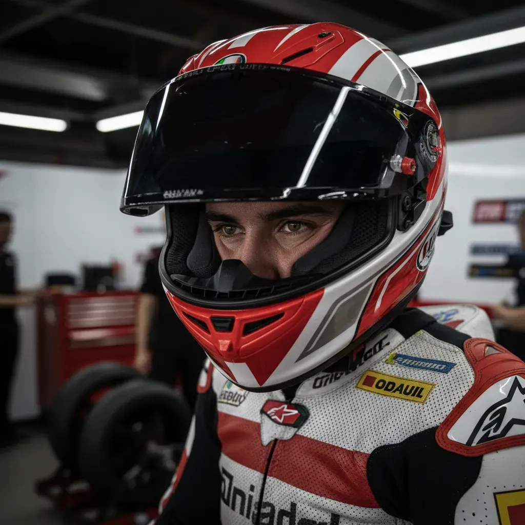 A tight, intimate shot of a MotoGP rider in a garage before a race. The helmet's visor is down, reflecting the bright, s