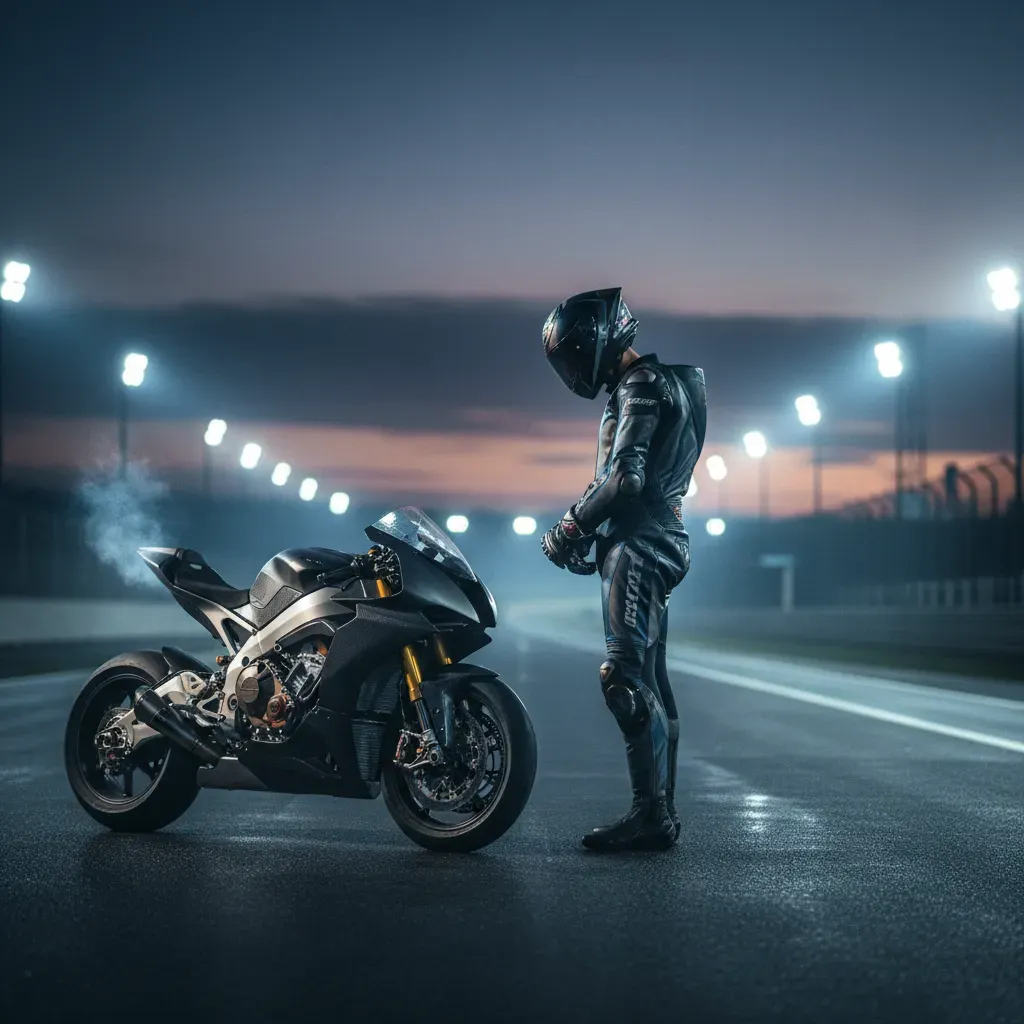 An atmospheric, wide shot of a lone rider standing in the pit lane at dusk, looking down the empty, floodlit race track.
