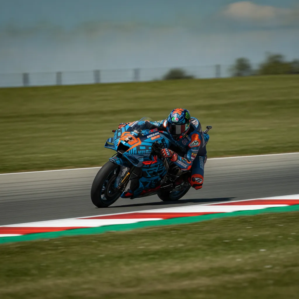 A MotoGP rider leans their bike at a dramatic angle while navigating the famous high-speed Curvone corner at Misano.
