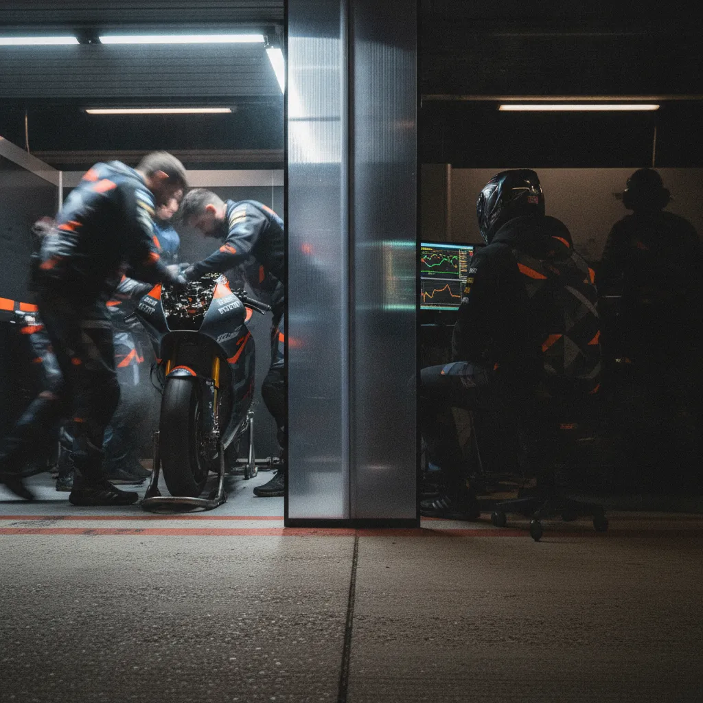 A view inside a divided MotoGP pit garage, symbolising the tension of a teammate rivalry.