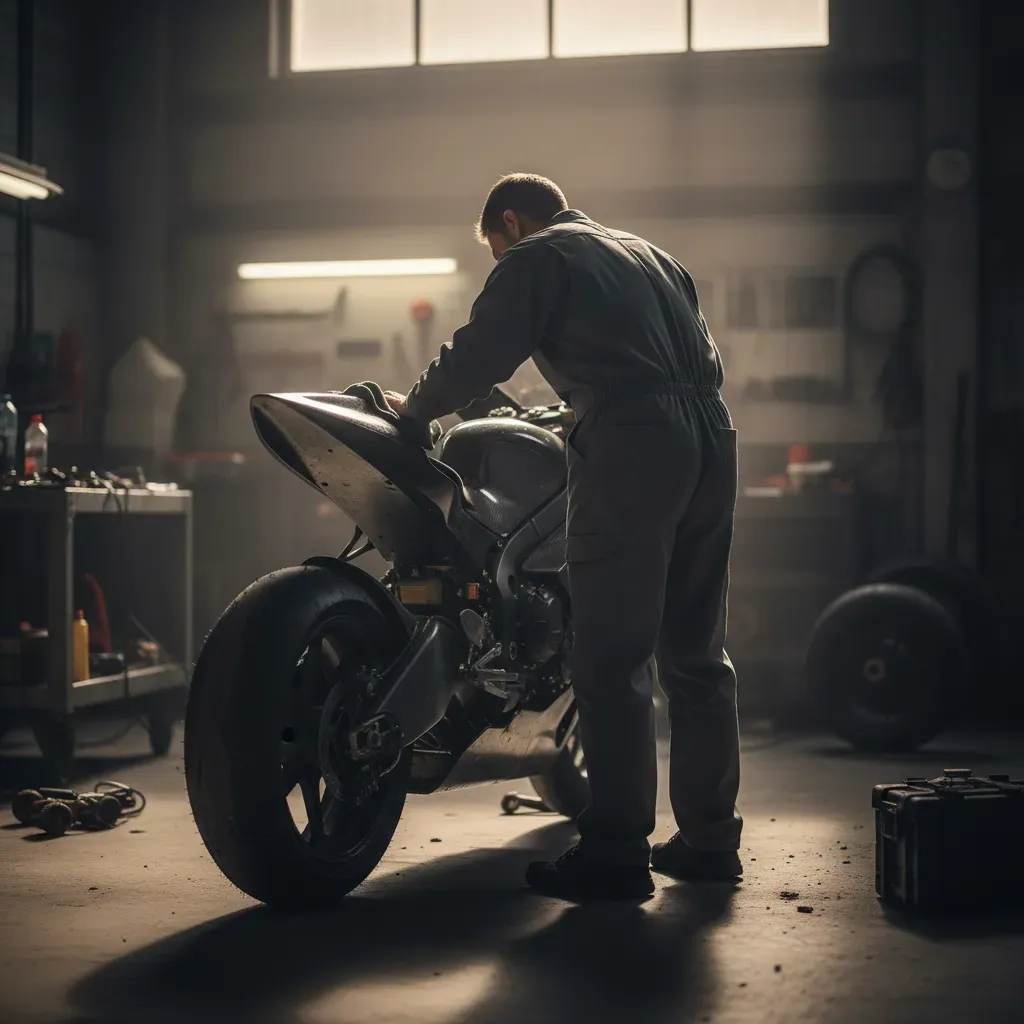 A quiet, atmospheric shot in a dimly lit garage post-race. A lone mechanic in plain, unbranded overalls is seen from beh