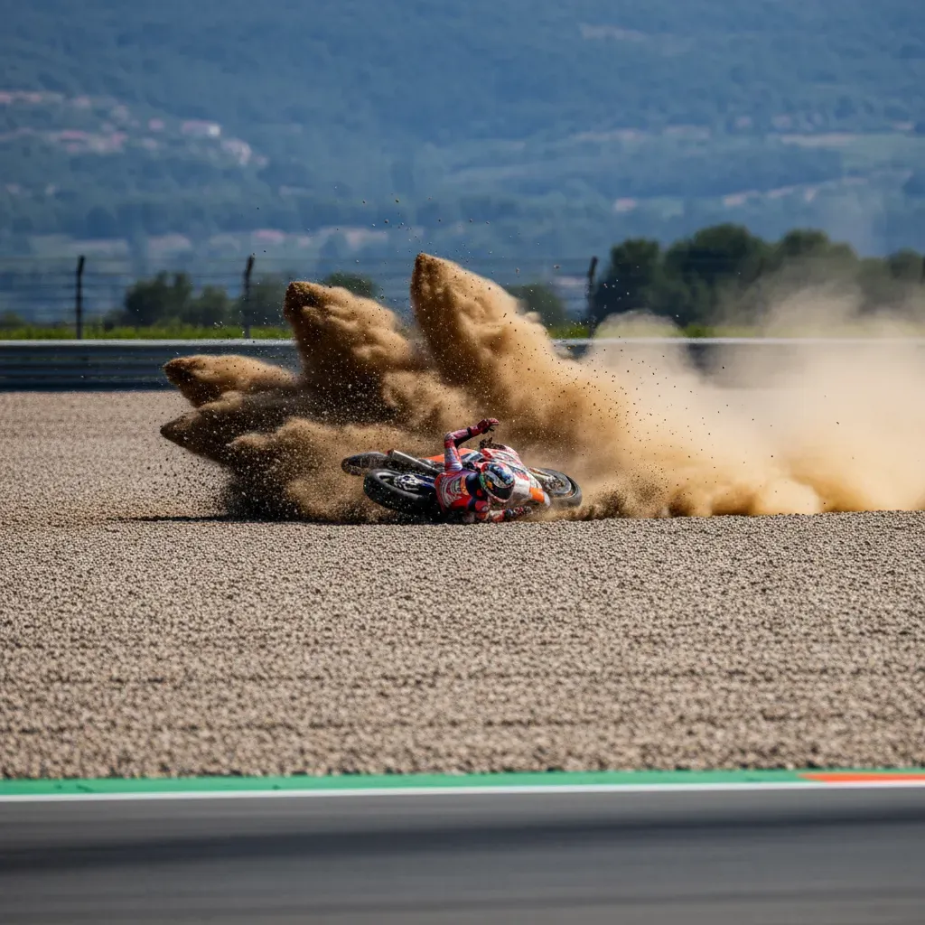 A wide, photorealistic shot of a MotoGP bike and rider sliding at high speed into a vast gravel trap at the edge of a ra