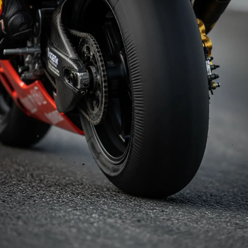 A detailed macro shot focusing on the rear tyre of a MotoGP bike at maximum lean. The soft rubber of the tyre's shoulder