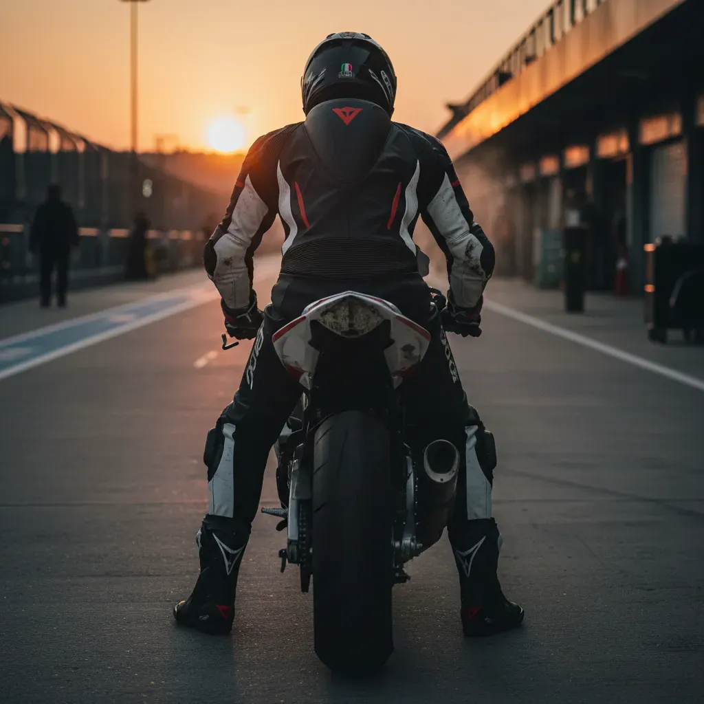 An atmospheric, photorealistic shot from behind a rider as they cruise slowly down the pit lane after a race, back-lit b