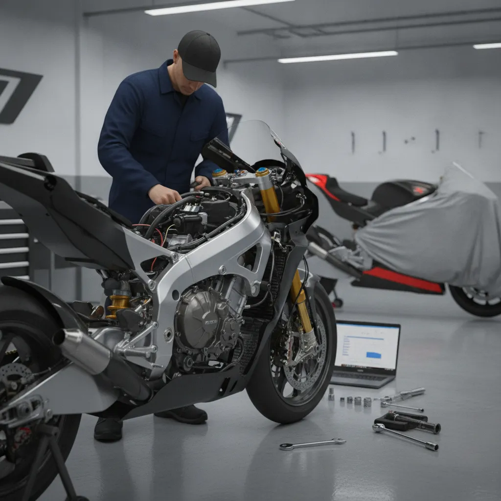 A highly detailed view of a MotoGP bike's engine being worked on by a mechanic in a clean garage.