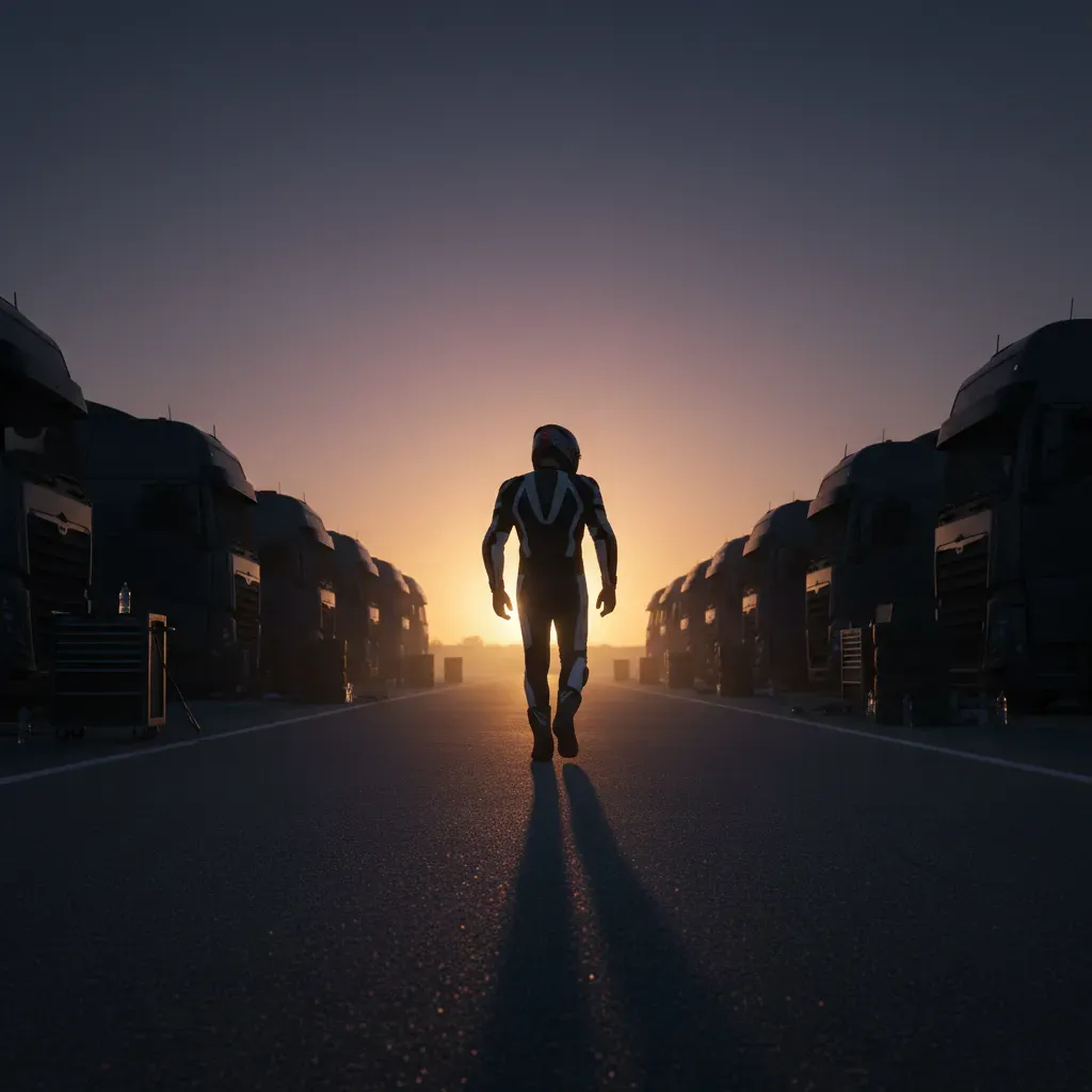 An atmospheric shot of the back of a rider in plain, unbranded leathers walking slowly down the now-empty paddock lane a