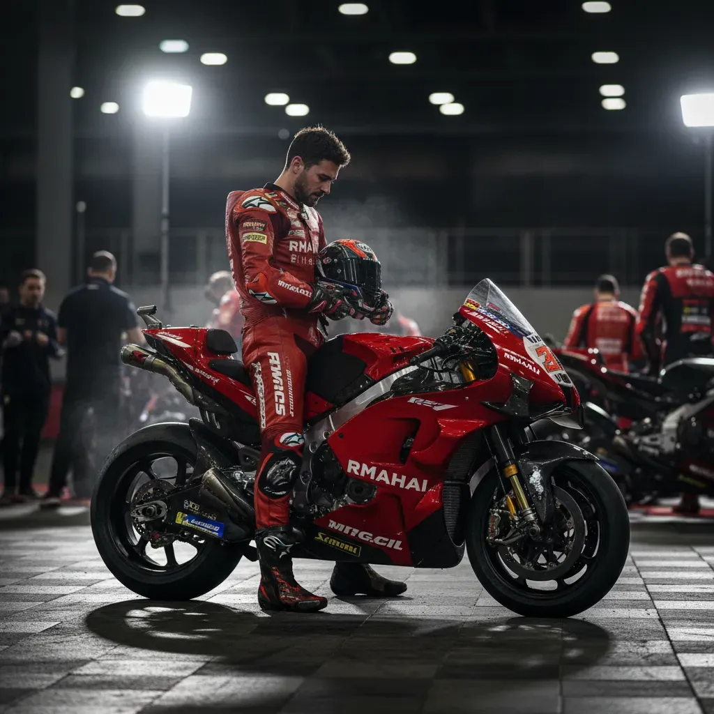 A lone, anonymous MotoGP rider standing in the parc fermé (the secure area where bikes are held after a race), helmet of