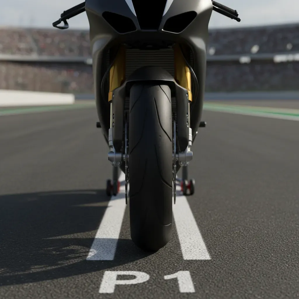 A photorealistic close-up on the front tyre of a sleek, unbranded prototype motorcycle. The tyre rests perfectly on the
