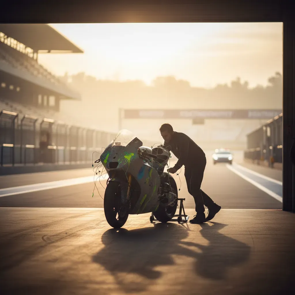 A lone, unbranded prototype race bike exits a pit lane garage into the hazy morning light of an empty circuit. The bike