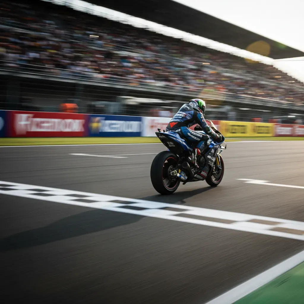 A photorealistic action shot from behind a generic MotoGP rider, helmet on, as they speed across the start/finish line.