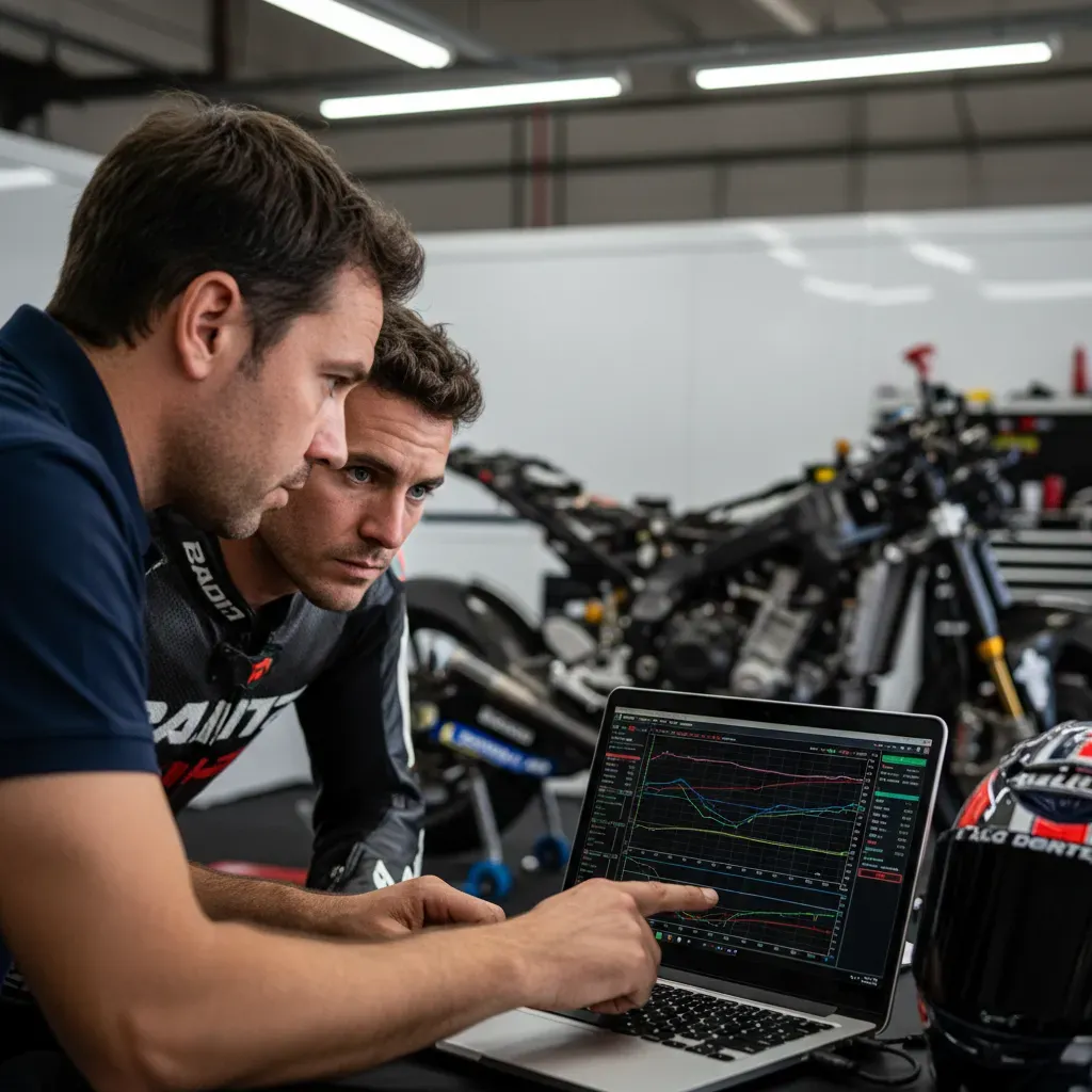 A quiet, focused moment inside a MotoGP garage on a Friday. A crew chief in a plain team polo shirt points at a complex