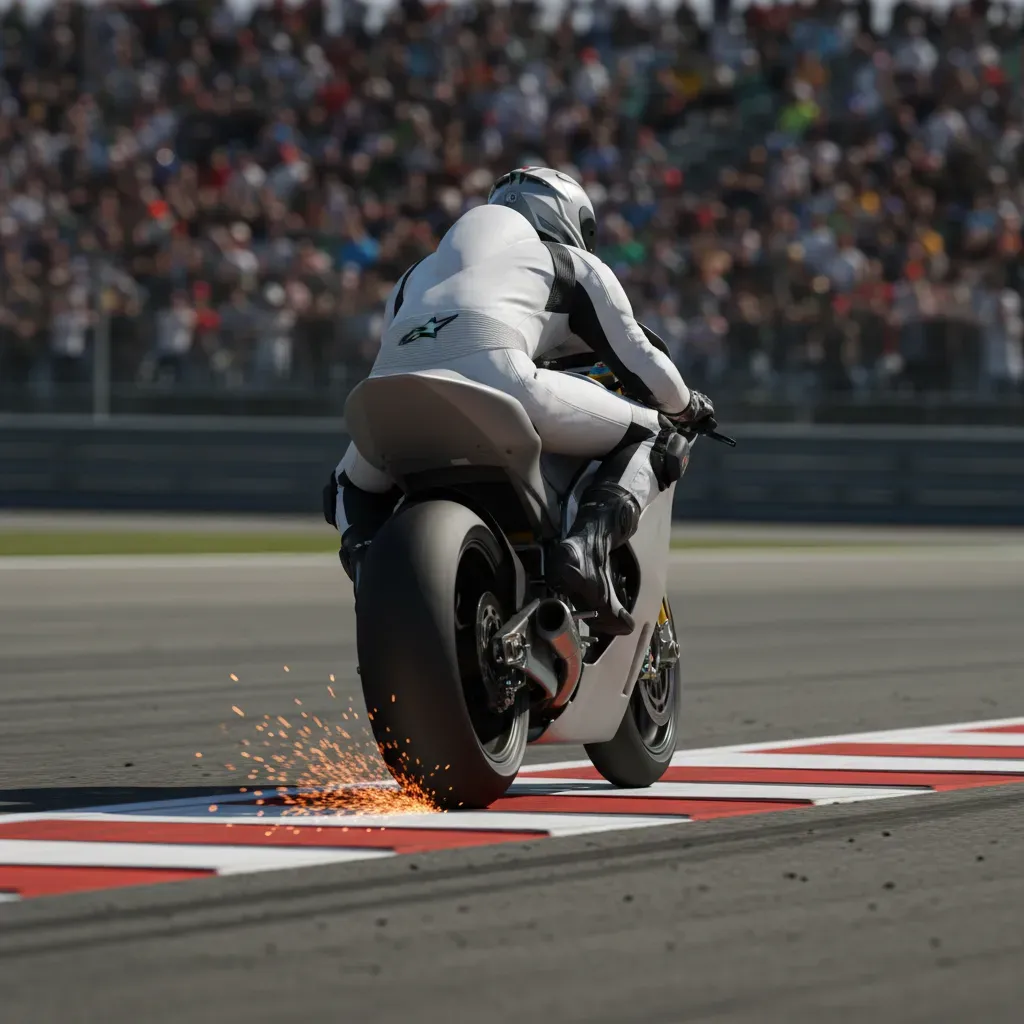 A dynamic, low-angle action shot of a MotoGP bike at the apex of a corner during a qualifying lap. The rider is at maxim