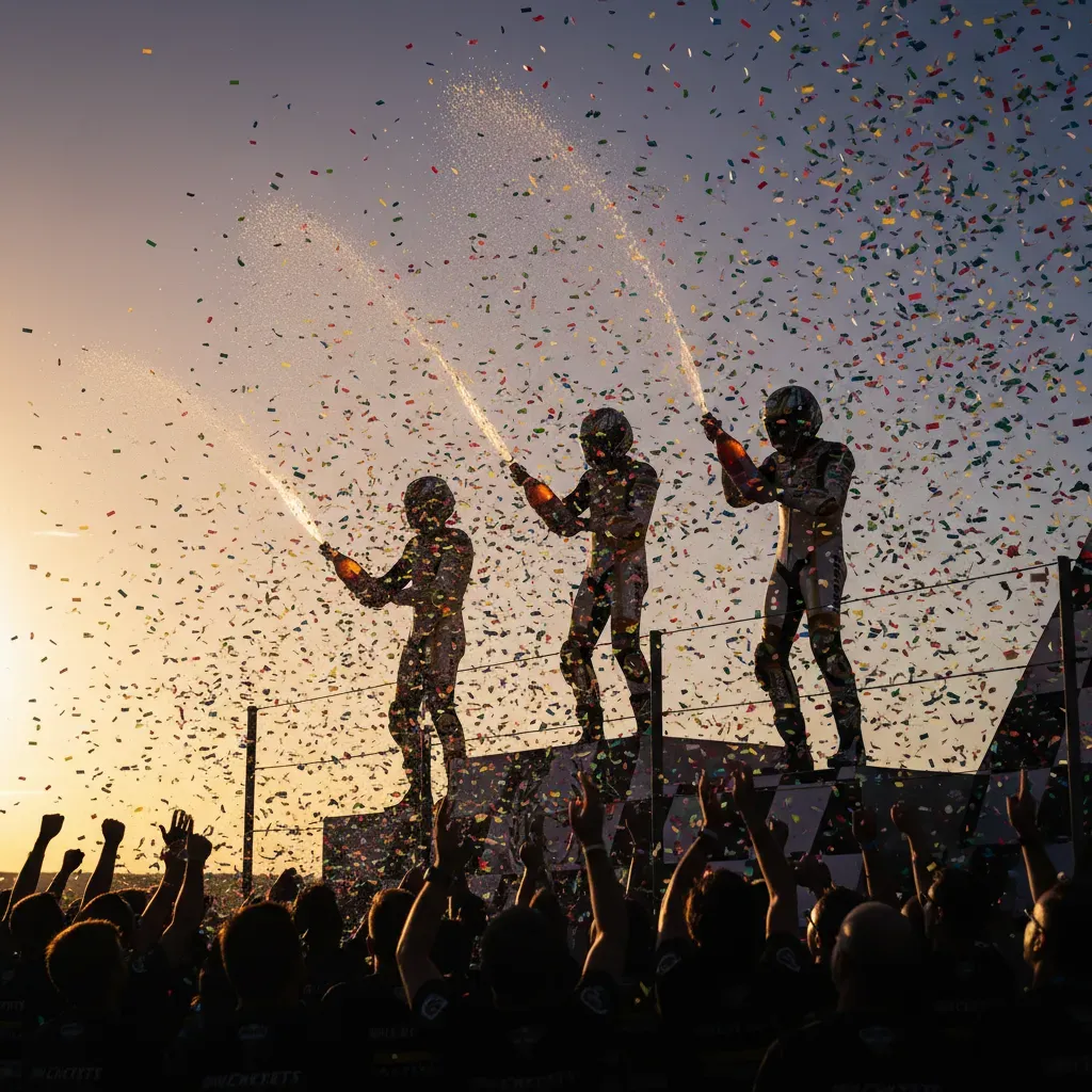 An atmospheric, celebratory shot from the perspective of the crowd looking up at a MotoGP podium. Three anonymous riders