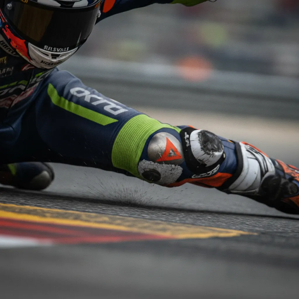 A close-up view of a worn knee slider on a MotoGP rider's suit as they lean through a corner.