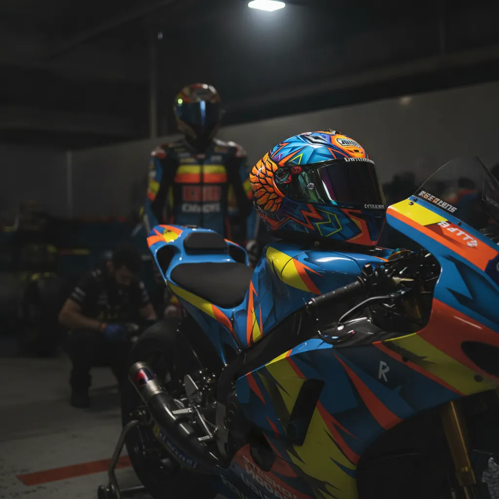 A colourful MotoGP helmet sits on the fuel tank of a race bike in a garage.