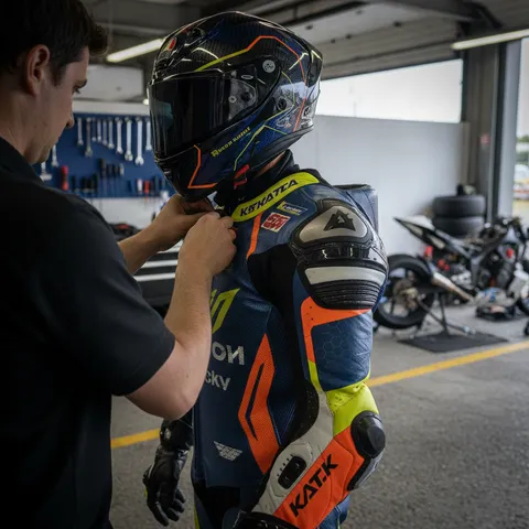 A MotoGP technician helps a rider secure their racing suit in the pit garage before a session.