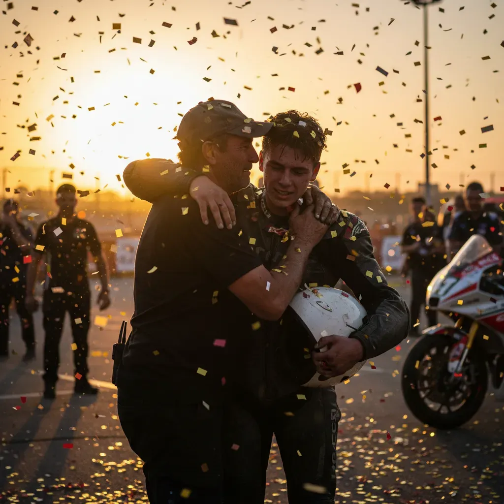 An emotional, atmospheric shot of an independent team's crew chief and rider embracing in parc fermé after a surprise po