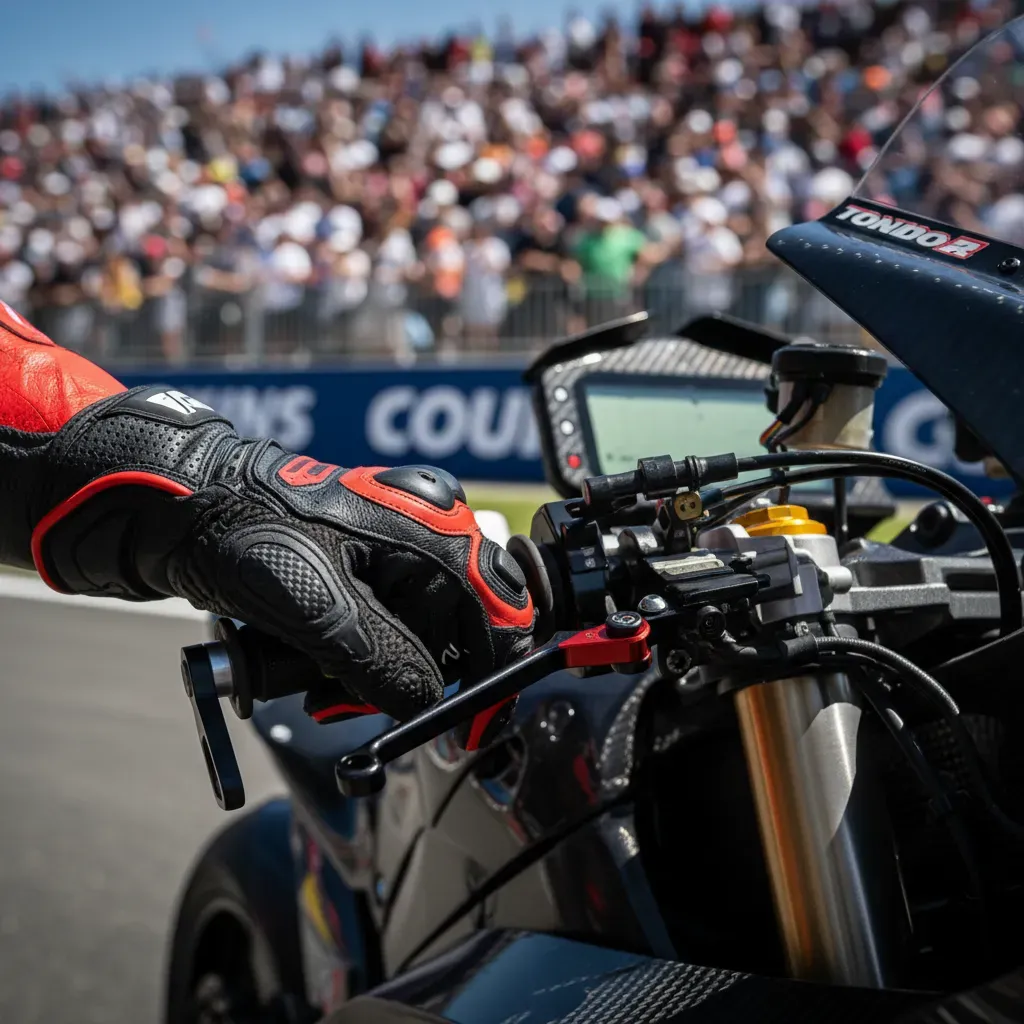 A tight, detailed shot of a rider's gloved hand on a complex MotoGP handlebar as they line up on the starting grid. The