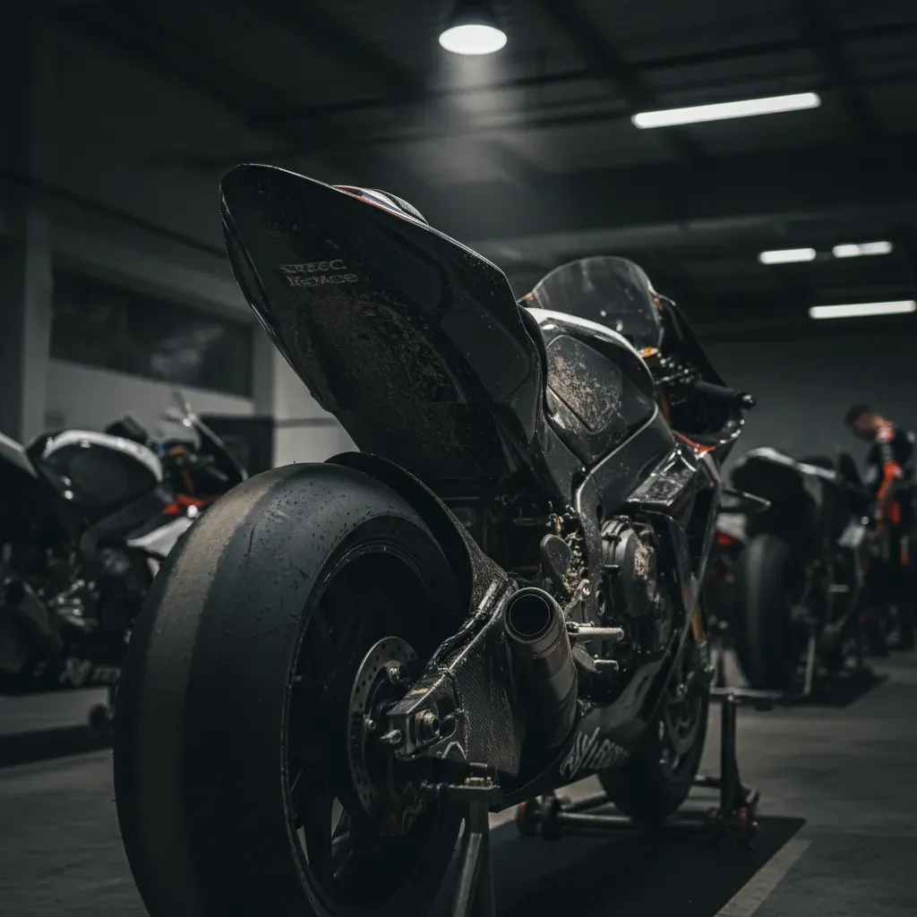 An atmospheric shot from behind a race bike after a gruelling race, parked under the stark lights of the parc fermé area