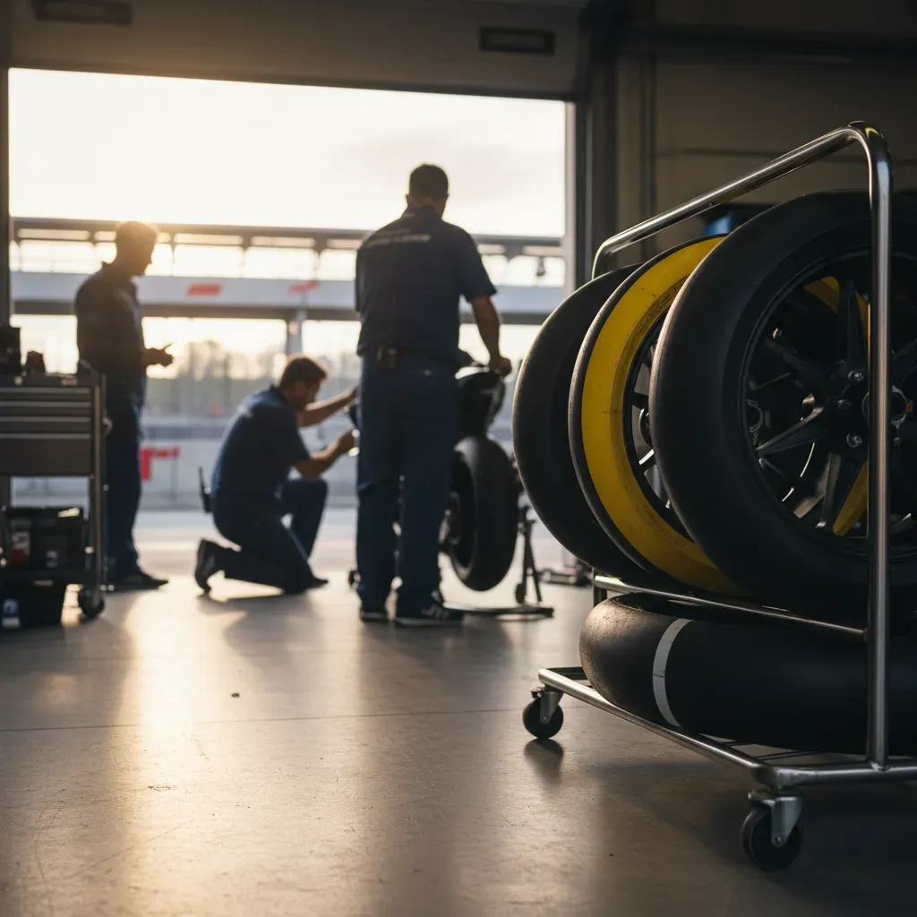A vibrant scene inside a MotoGP garage, looking out onto a sun-drenched pit lane. In the foreground, a neat stack of bra