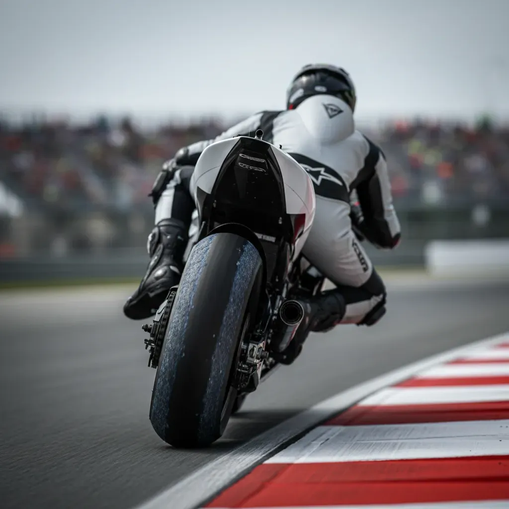 A low-angle action shot capturing a MotoGP bike leaned aggressively through a long, sweeping left-hand corner. The camer