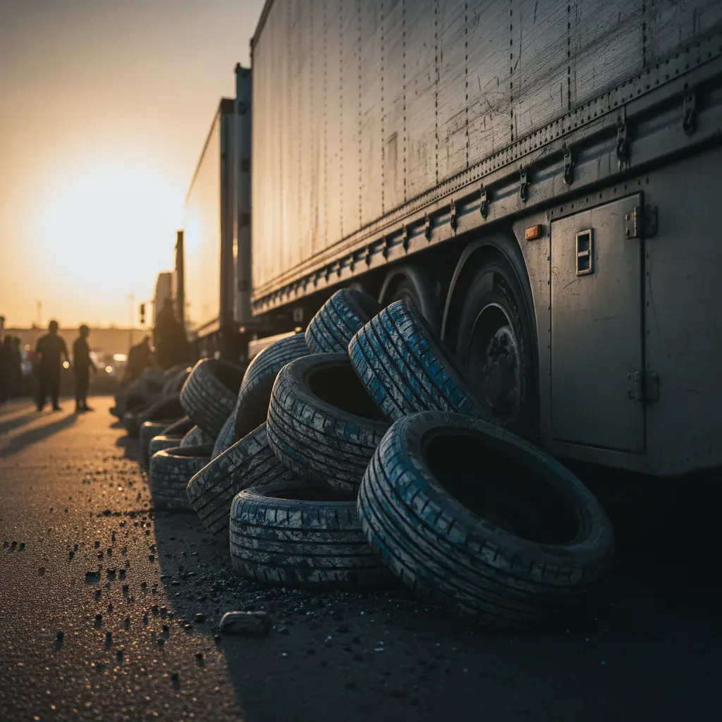 An atmospheric, moody shot taken at dusk after a race. A pile of used, discarded slick tyres lies against the metal wall