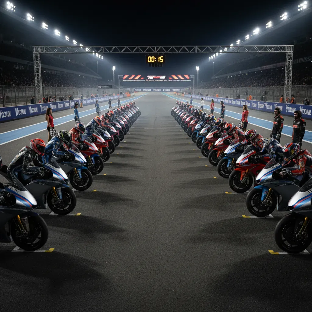 A wide, photorealistic shot of a starting grid of generic MotoGP bikes under bright stadium lights, engines ready, heat 