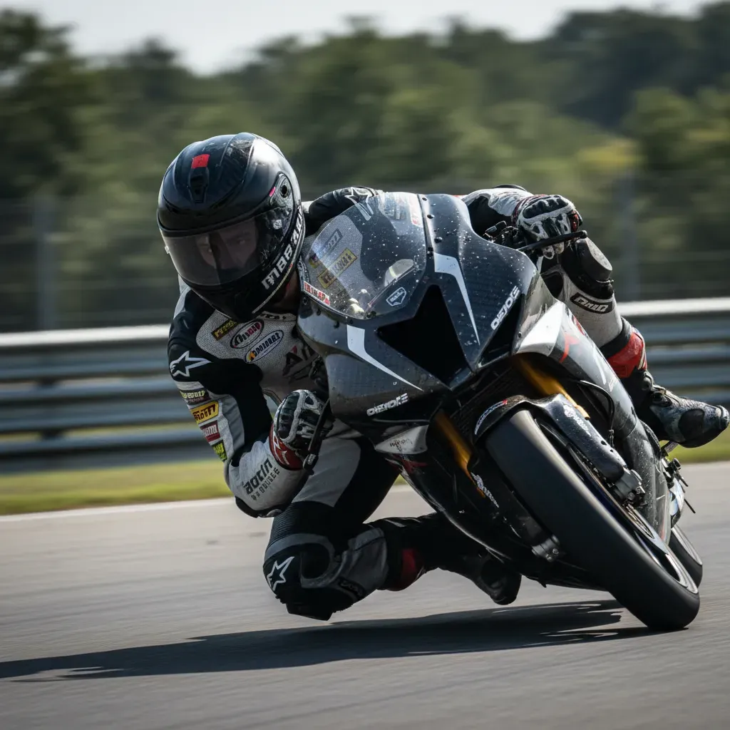 A close-up, shallow depth-of-field shot focusing on the gloved hands and helmet of a Moto2 rider mid-corner. The rider's