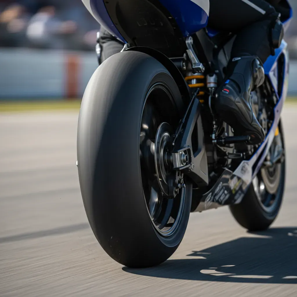 A tight, telephoto close-up on the rear wheel of a racing motorcycle during the warm-up lap's aggressive weave. The came