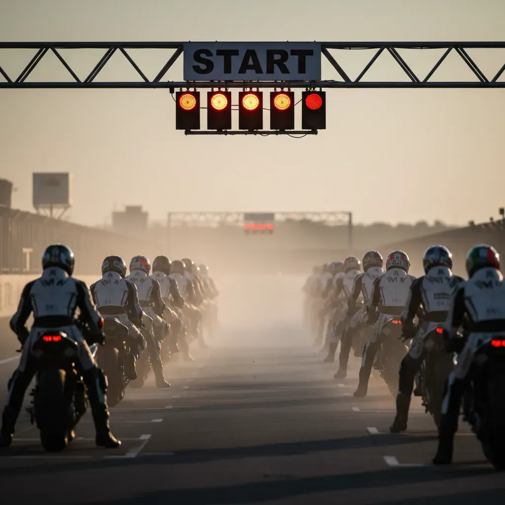 An atmospheric shot capturing the intense moment after the warm-up lap, as the bikes are perfectly realigned on the star